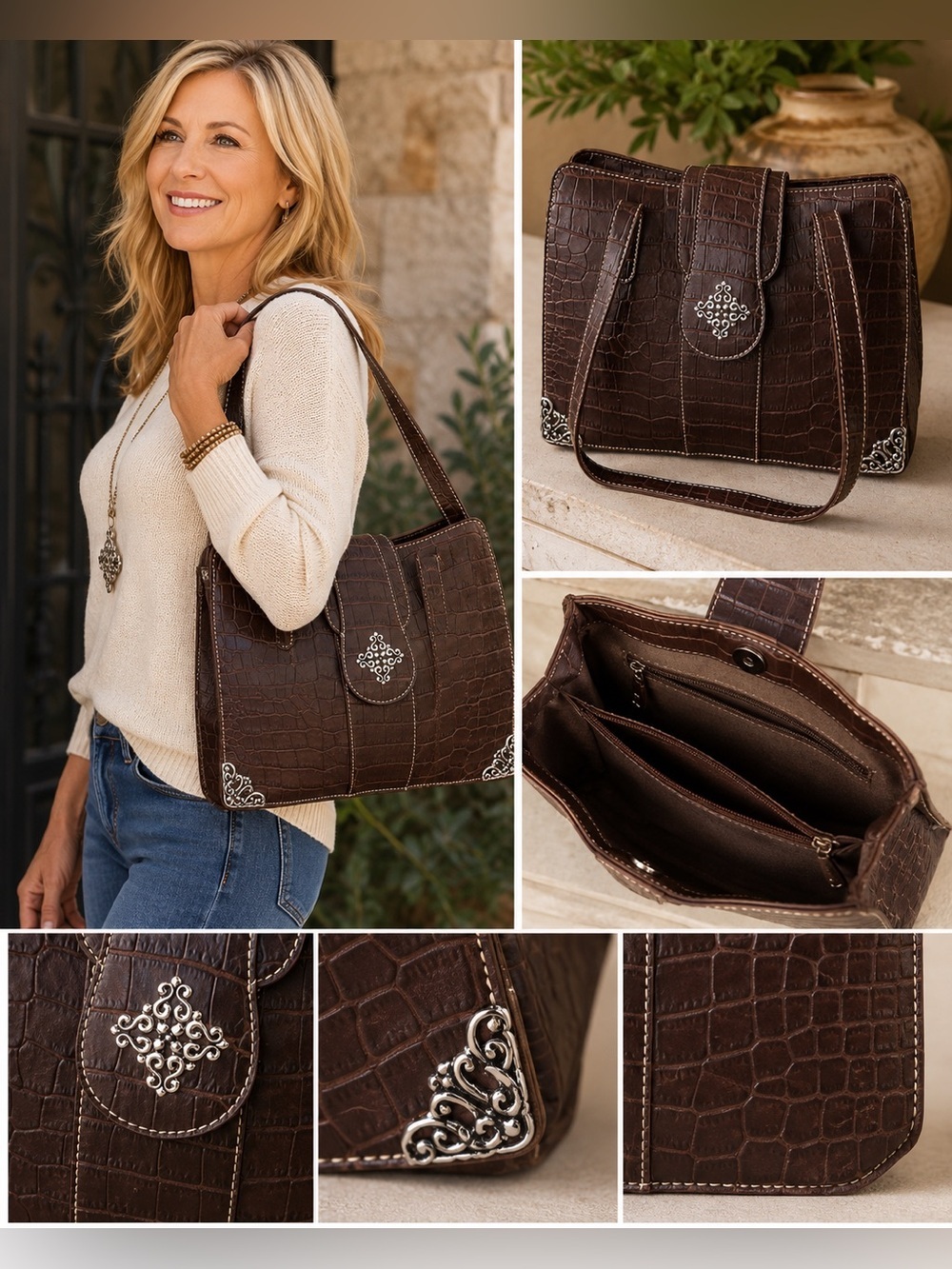 Embellished Croc Embossed Brown Shoulder Bag Silver Accent Purse